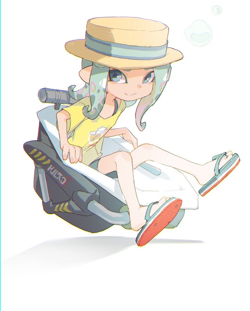 1girl aqua_eyes aqua_hair bloblobber_(splatoon) boater_hat bubble chromatic_aberration closed_mouth commentary flip-flops floating full_body green_sandals hand_rest knees_together_feet_apart looking_to_the_side medium_hair multicolored_footwear nintendo octoling octoling_girl octoling_player_character pointy_ears red_sandals sandals shadow shima_(5p6p7p) shirt shoe_soles short_sleeves simple_background sitting smile splatoon_(series) splatoon_2 split_mouth symbol-only_commentary tentacle_hair white_background white_sandals yellow_shirt