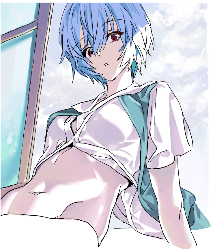 1girl ayanami_rei blue_hair navel neon_genesis_evangelion nobita_(makoto7060355) red_eyes solo stomach window