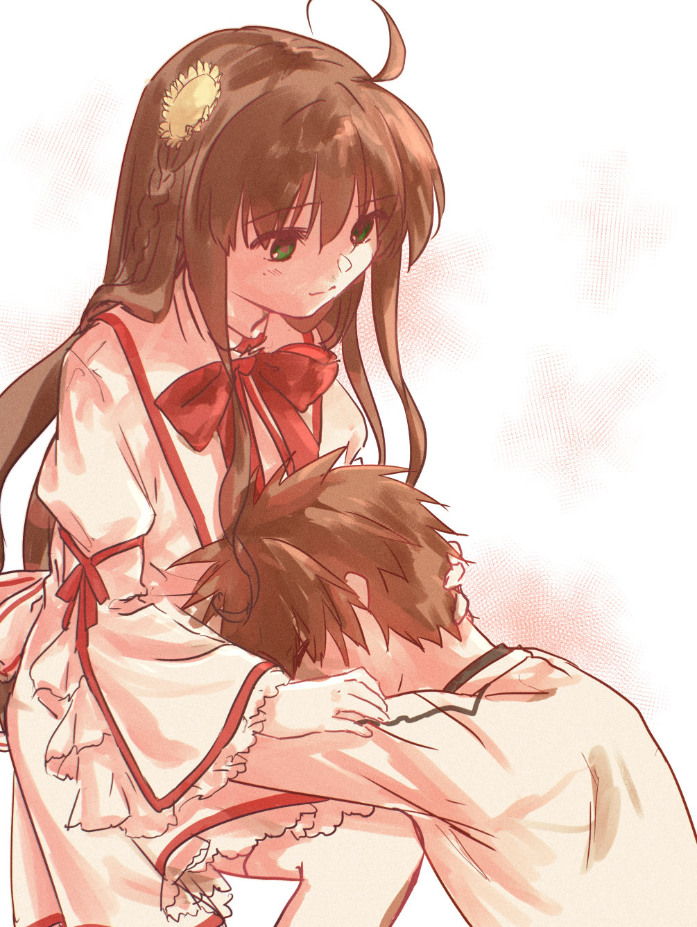 1boy 1girl ahoge braid brown_hair closed_eyes closed_mouth commentary_request couple dress feet_out_of_frame flower frilled_dress frilled_sleeves frills green_eyes hair_flower hair_ornament hand_on_another&#039;s_arm headpat hetero highres jacket juliet_sleeves kanbe_kotori kazamatsuri_institute_high_school_uniform lap_pillow leaning_forward light_blush light_smile long_hair long_sleeves looking_at_another looking_down neck_ribbon puffy_sleeves red_ribbon rewrite ribbon sakura_emi school_uniform short_hair simple_background single_braid sitting sleeping spiked_hair tennouji_kotarou thighhighs upper_body white_background white_dress white_jacket white_thighhighs wide_sleeves yellow_flower