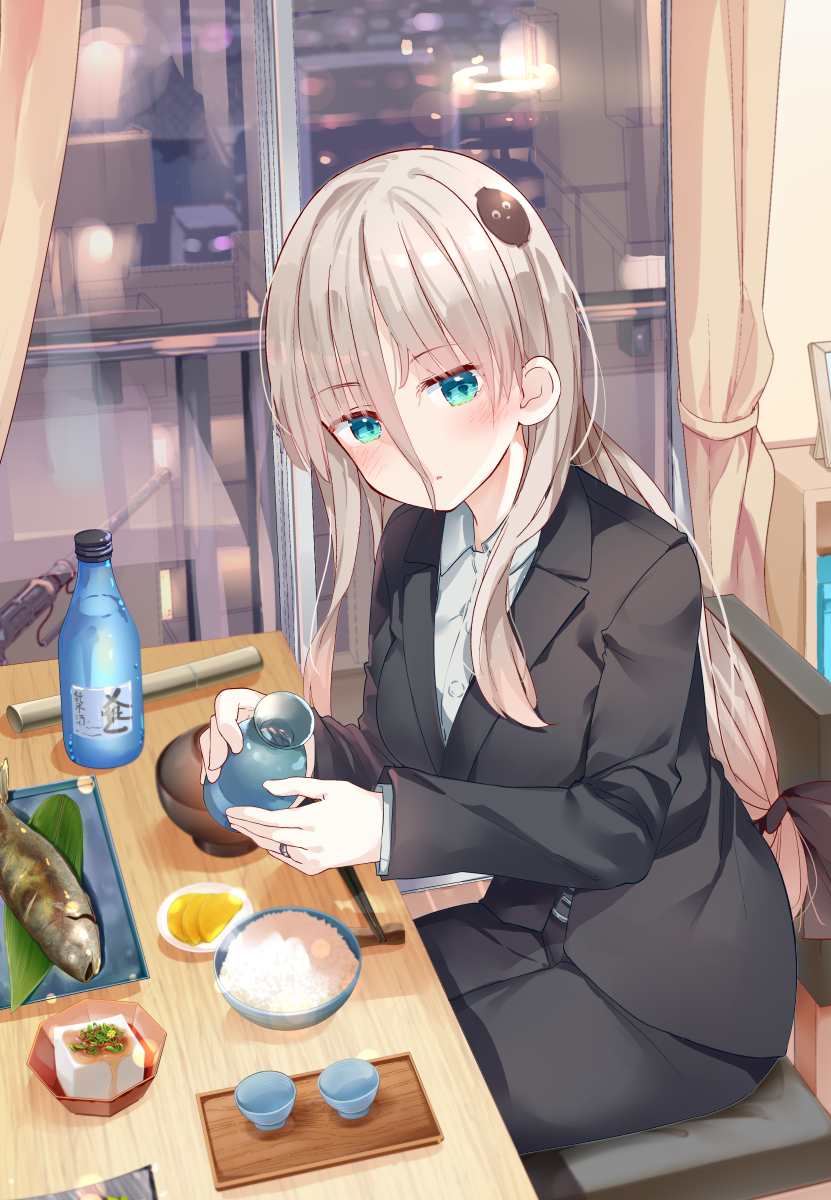 1girl black_jacket black_pants black_suit bottle bowl brown_hair chair choko_(cup) collared_shirt commentary_request cover_image cup fish formal_clothes green_eyes grey_shirt hair_between_eyes hair_ornament hairclip highres holding holding_bottle jacket kosaka_donten long_hair long_sleeves looking_at_viewer low-tied_long_hair original pants rice rice_bowl shirt sitting solo suit suit_jacket table tokkuri