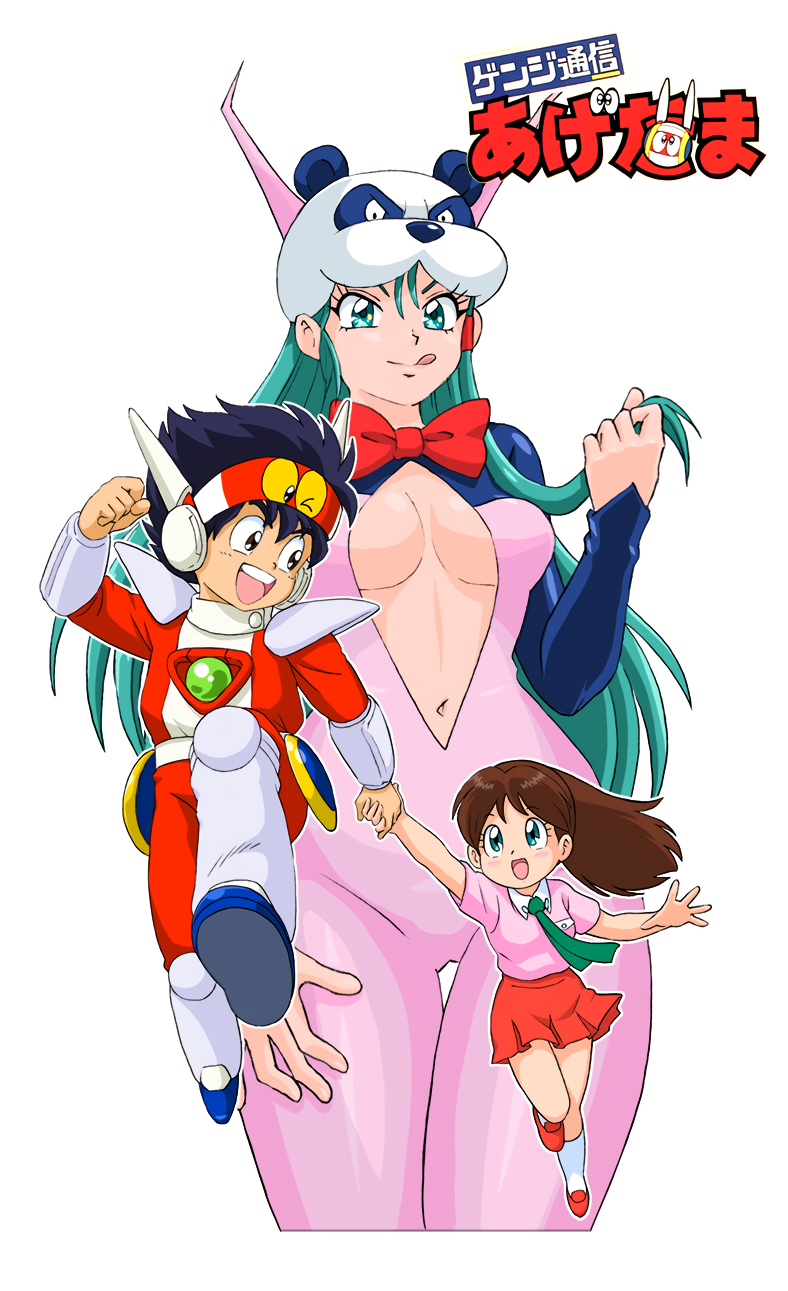 1boy 2girls animal_hat aqua_eyes aqua_hair black_eyes black_hair bracer breasts brown_hair center_opening cropped_legs genji_agedama genji_tsuushin_agedama hat headgear heike_ibuki highres holding holding_hands holding_own_hair kuki_rei large_breasts logo miniskirt multiple_girls navel non-web_source official_art open_mouth pink_shirt red_skirt shirt simple_background skirt teeth tongue tongue_out upper_body upper_teeth_only white_background