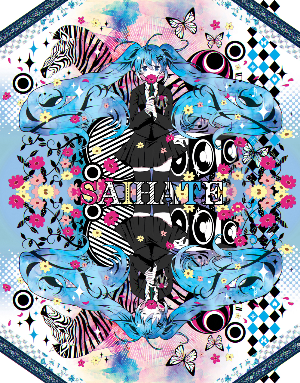 1girl blue_eyes blue_hair bug butterfly closed_eyes female_focus flower hatsune_miku hatsune_miku_(saihate) highres insect long_hair matching_hair/eyes necktie reflection renian saihate_(vocaloid) skirt solo twintails very_long_hair vocaloid zebra