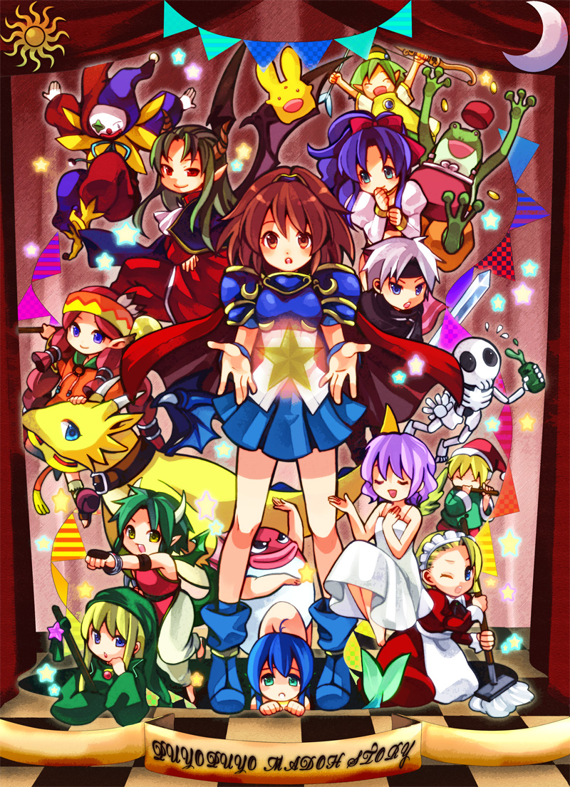3girls 6+girls archan arle_nadja armor armored_dress bad_id bad_pixiv_id blonde_hair blue_eyes blue_hair blue_skirt bow_(weapon) brown_eyes brown_hair capelet carbuncle_(puyopuyo) chiko_(puyopuyo) closed_eyes compile copyright_name doppelganger_arle draco_centauros dragon dragon_(puyopuyo) dress frog green_hair harpy_(puyopuyo) hat headband horns kikimora_(puyopuyo) long_hair madou_monogatari maid mop multiple_girls nohoho_(puyopuyo) one_eye_closed panotty pink_hair pointy_ears purple_hair puyopuyo puyopuyo_n red_eyes rulue_(puyopuyo) satan_(puyopuyo) schezo_wegey serilly_(puyopuyo) shoes short_hair skeleton_t skirt smile star_(symbol) suketoudara_(puyopuyo) sword takohati tribal weapon wings wink witch_(puyopuyo) yellow_eyes