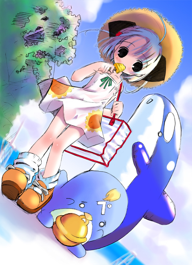 00s 1girl bag bird blue_hair child day dress dutch_angle eating female_focus food hat lunch_box_(manga) outdoors panties park penguin petite pop popsicle see-through_clothes short_hair sky solo straw_hat sundress thigh_gap underwear whale