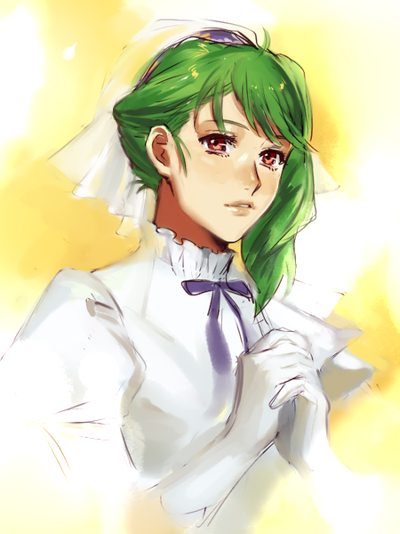 01rosso 1girl bow brown_eyes eyebrows_hidden_by_hair gloves green_hair hair_behind_ear juliet_sleeves long_sleeves looking_at_viewer macross macross_frontier macross_frontier:_toki_no_meikyu own_hands_together parted_lips puffy_sleeves purple_bow ranka_lee solo upper_body veil white_gloves