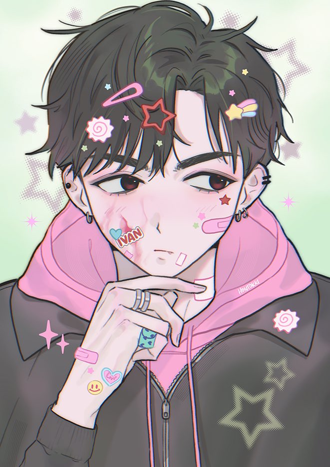 1boy alien_stage alternate_costume bandaid bandaid_on_face black_eyes black_hair black_jacket closed_mouth commentary ear_piercing earrings food-themed_hair_ornament hair_ornament hairclip hand_on_own_chin hontokki hood hoodie ivan_(alien_stage) jacket jewelry looking_to_the_side male_focus narutomaki_hair_ornament piercing pink_hoodie portrait ring shooting_star_hair_ornament short_hair signature solo star_(symbol) star_hair_ornament sticker_on_face very_short_hair zipper