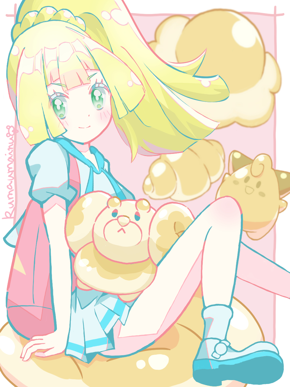 1girl blonde_hair clefairy fidough gen_1_pokemon green_eyes high_ponytail highres lillie_(pokemon) nintendo pokemon pokemon_sm ponytail xujs5337