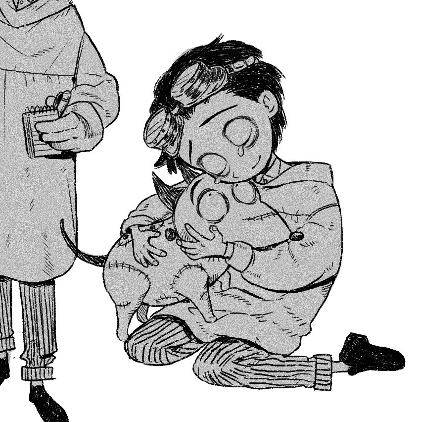 black_hair black_shoes closed_eyes dog frankenweenie goggles goggles_on_head greyscale happy_tears holding holding_notepad kneeling kumao_(uexxww) male_focus monochrome notepad panties scar scar_on_face scar_on_nose shoes short_hair smile sparky_(frankenweenie) striped_clothes striped_panties tears tim_burton_(style) underwear white_background