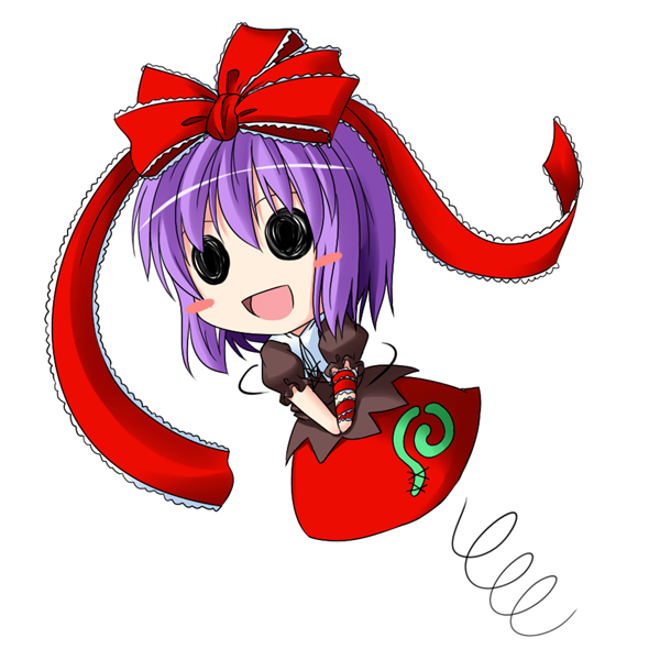 1girl blush_stickers chibi cosplay female_focus hair_ribbon ichimi kagiyama_hina kagiyama_hina_(cosplay) nagae_iku open_mouth purple_hair ribbon short_hair skirt smile solid_circle_eyes solo squiggle touhou