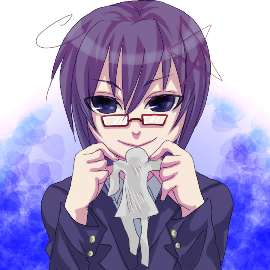 1girl corpse_party female_focus glasses hair_ornament holding oneko-nnnn paper_doll purple_eyes purple_hair saenoki_naho school_uniform short_hair smile solo