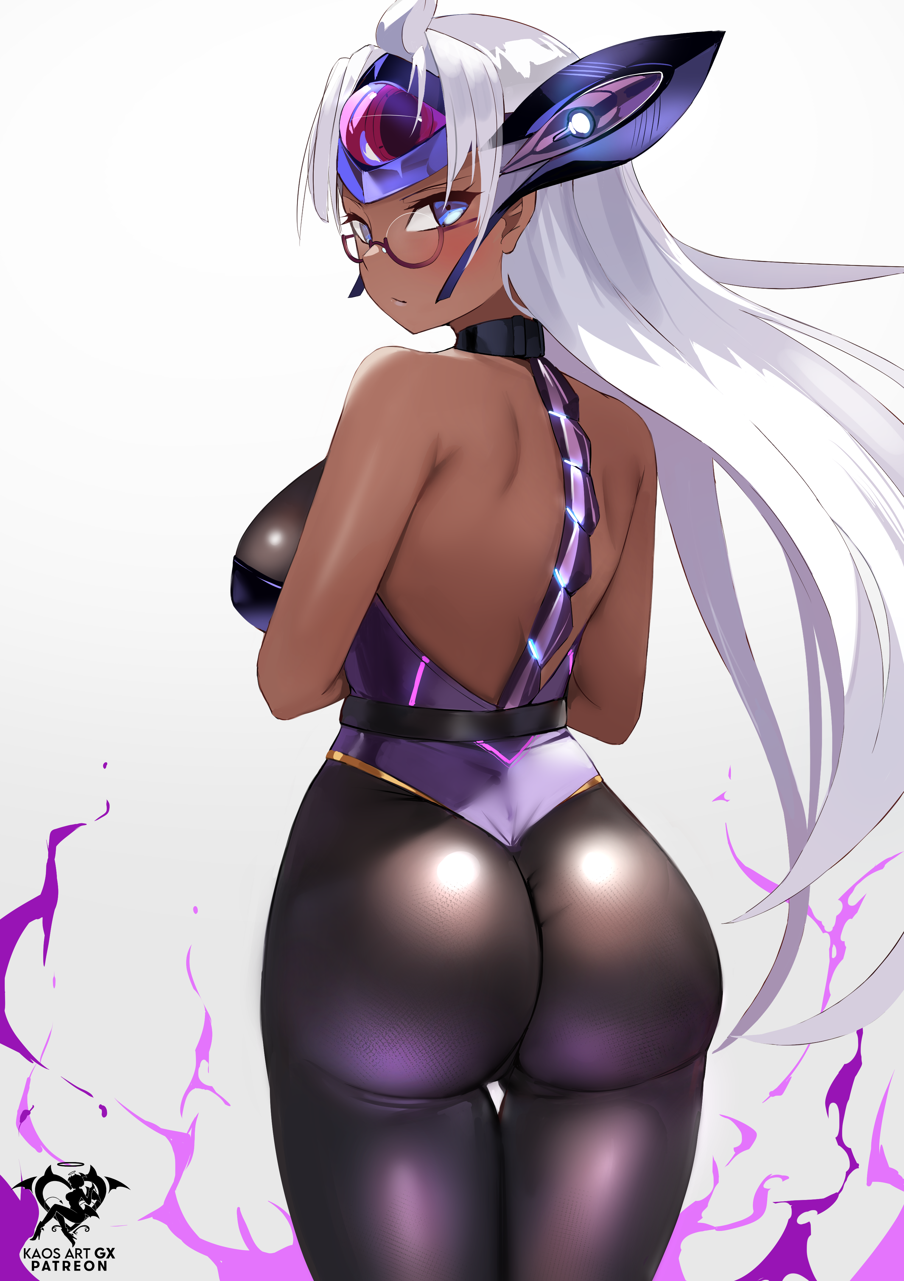 1girl absurdres android ass bare_shoulders blue_eyes breasts cleavage cyborg dark-skinned_female dark_skin elbow_gloves forehead_protector glasses gloves highres huge_ass kaos_art large_breasts long_hair looking_at_viewer pantyhose solo t-elos t-elos_re: very_long_hair white_hair xenoblade_chronicles_(series) xenoblade_chronicles_2 xenosaga xenosaga_episode_iii