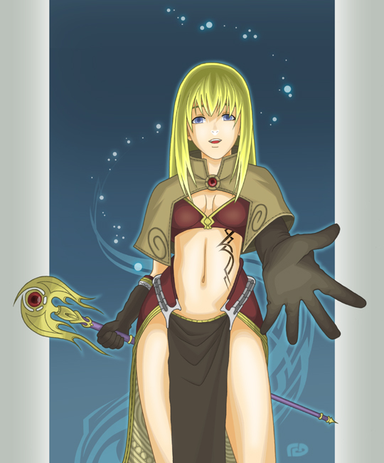 1girl bikini bikini_top_only blonde_hair blue_background blue_eyes breasts brown_bikini brown_capelet brown_gloves brown_skirt capelet cokeboy commentary cowboy_shot elbow_gloves english_commentary gloves holding holding_staff long_hair looking_at_viewer mage_(ragnarok_online) midriff midriff_tattoo navel open_mouth pelvic_curtain pillarboxed ragnarok_online reaching reaching_towards_viewer showgirl_skirt skirt small_breasts smile solo staff swimsuit