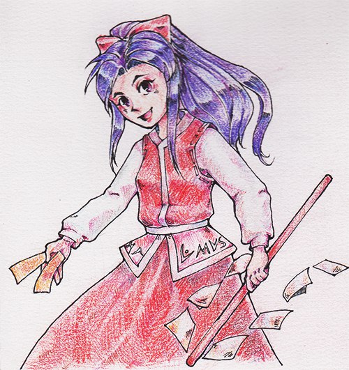1girl bow breasts colorized female_focus gohei hair_bow hakurei_reimu hakurei_reimu_(pc-98) highly_responsive_to_prayers japanese_clothes lionrion long_sleeves looking_at_viewer miko open_mouth purple_hair solo touhou touhou_(pc-98) traditional