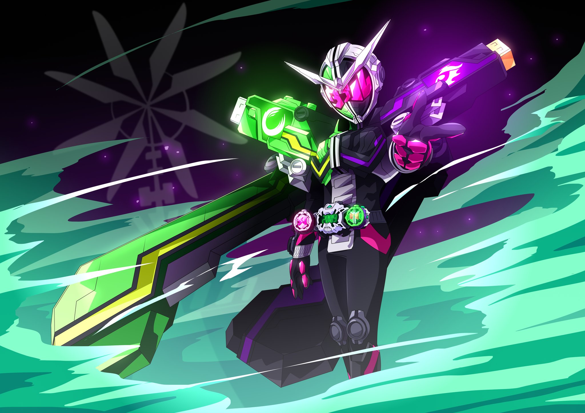 1boy 2009 armor black_armor cape clock_hands double_rider_watch foreshortening fuuto_(city) gaia_memory gloves green_armor highres kamen_rider kamen_rider:_heisei_generations_forever kamen_rider_double kamen_rider_w kamen_rider_zi-o kamen_rider_zi-o_(series) katakana otokamu pink_gloves pointing shoulder_armor standing wind ziku_driver