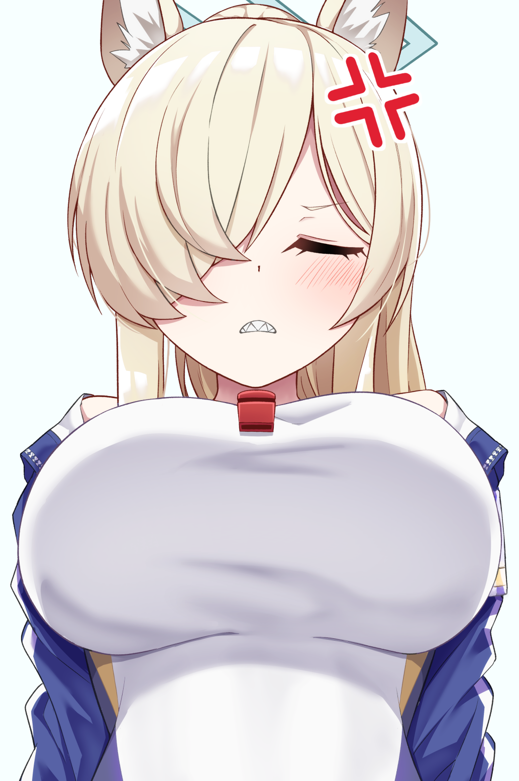 1girl anger_vein animal_ear_fluff animal_ears blonde_hair blue_archive blue_halo blue_jacket blush breasts clenched_teeth closed_eyes commentary_request competition_swimsuit dog_ears grey_background hair_over_one_eye halo highres jacket kanna_(blue_archive) kanna_(swimsuit)_(blue_archive) large_breasts long_hair long_sleeves nenosame official_alternate_costume one-piece_swimsuit open_clothes open_jacket sharp_teeth simple_background solo swimsuit teeth upper_body whistle whistle_around_neck white_one-piece_swimsuit