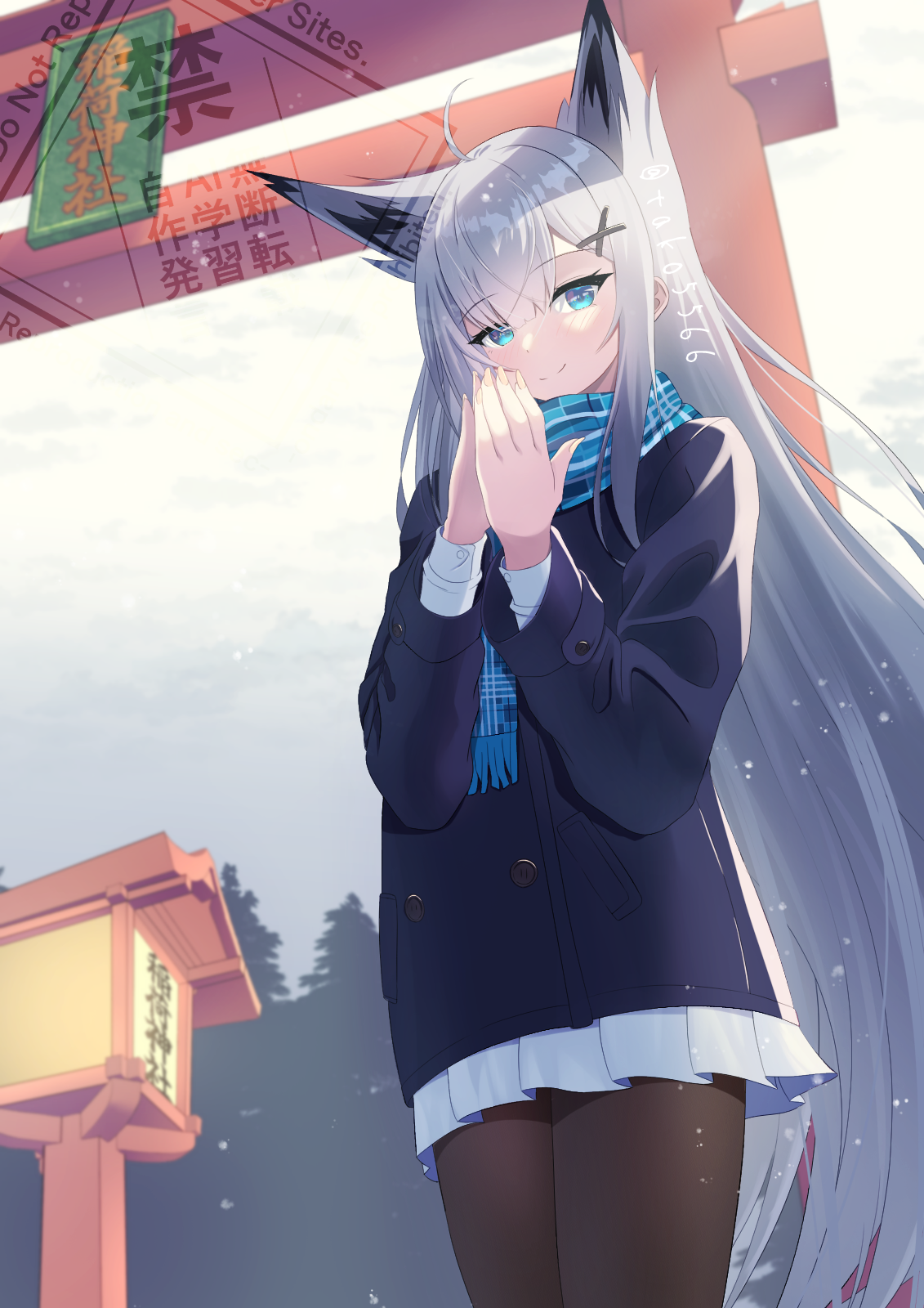 1girl ahoge alternate_costume animal_ears architecture azur_lane black_pantyhose blue_coat blue_eyes blue_scarf blush buttons coat commission crossed_bangs day double-breasted east_asian_architecture fingernails fox_ears fox_girl grey_sky hair_ornament highres kawakaze_(azur_lane) lantern long_hair looking_at_viewer outdoors own_hands_together pantyhose plaid_clothes plaid_scarf pleated_skirt scarf shirt skeb_commission skirt sky smile snowing tako-san_wiener_(takosanuma) torii translation_request tree twitter_username upper_body very_long_hair watermark white_shirt white_skirt winter wooden_lantern wrist_cuffs x_hair_ornament