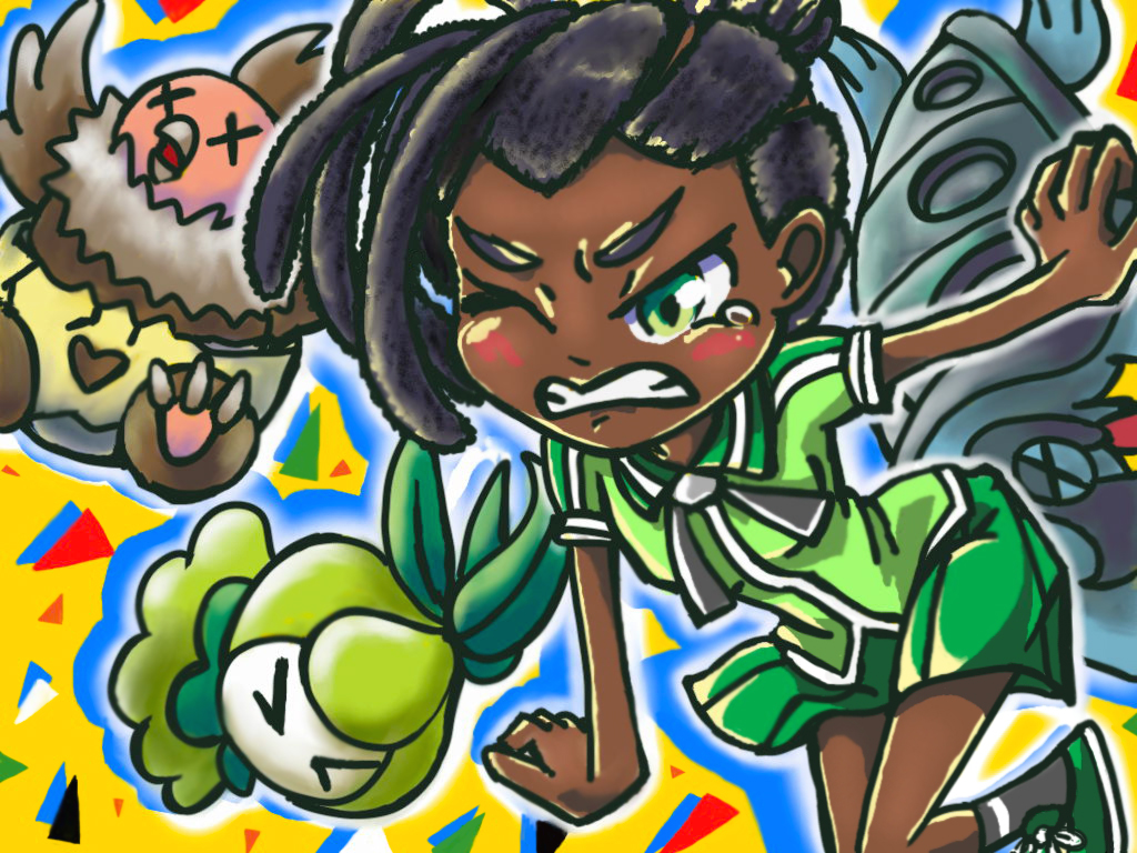 1girl dark_skin dreadlocks gen_5_pokemon green_eyes hair_bun nintendo petilil pokemon pokemon_(creature) pokemon_sm rising_star_(pokemon) sailor_collar shirt short_sleeves single_hair_bun skirt tirtouga vullaby