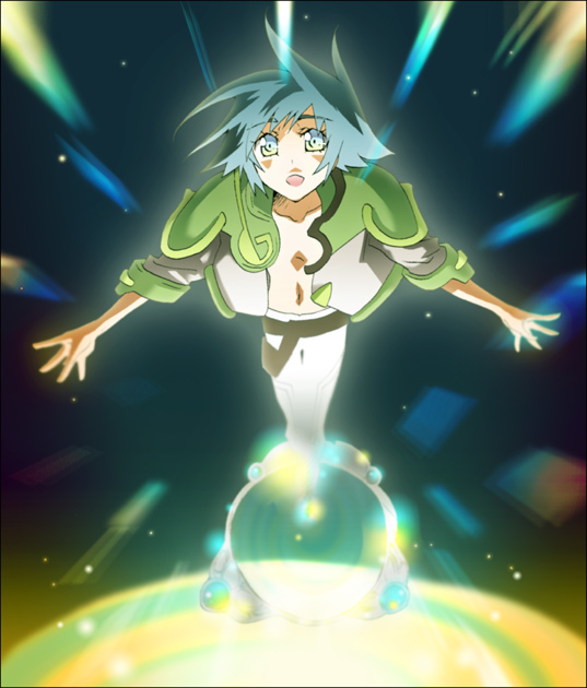 00s 1girl age_(heroic_age) blue_eyes blue_hair female_focus futami_(futamito) heroic_age matching_hair/eyes open_clothes open_mouth open_shirt shirt short_hair solo space tattoo