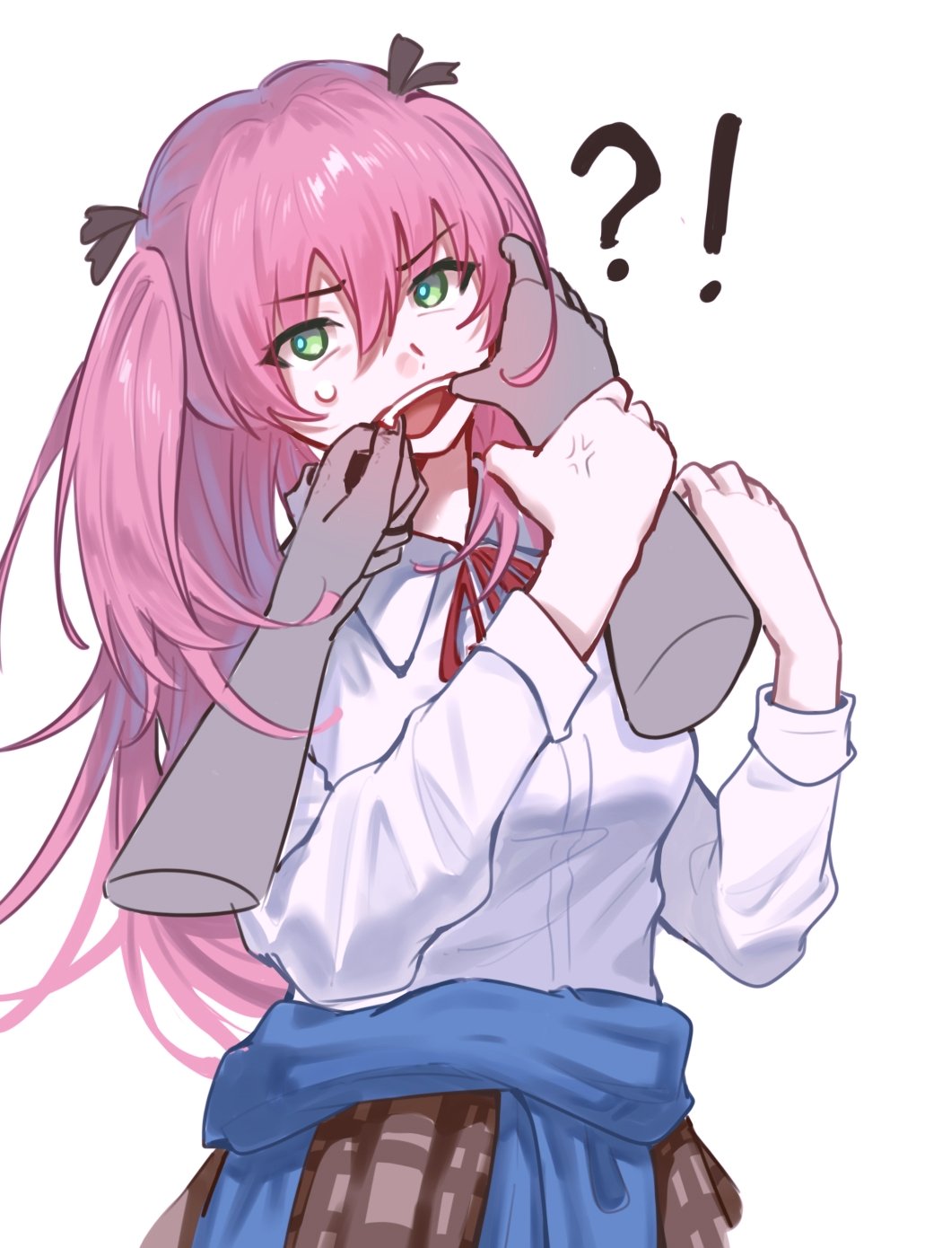 1girl aikawa_megumi breasts clothes_around_waist fang finger_in_another&#039;s_mouth green_eyes heaven_burns_red highres jacket jsasay long_hair long_sleeves mouth_pull multiple_girls open_mouth pink_hair pov pov_hands ribbon shirt two_side_up white_shirt