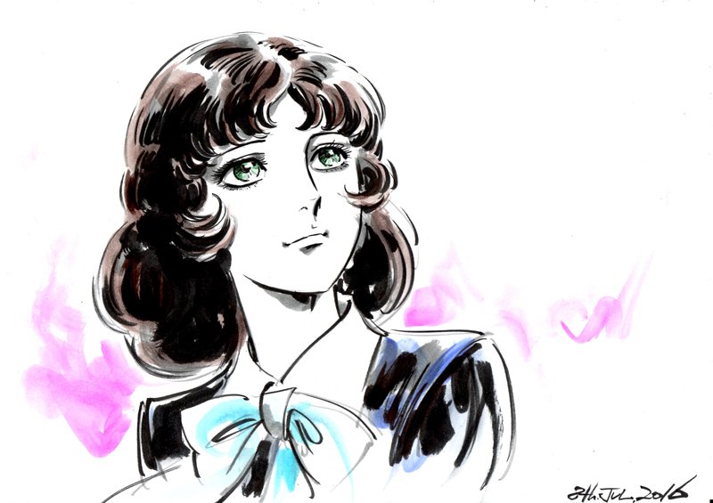 1girl brown_hair dated female_focus green_eyes hayama_jun&#039;ichi looking_away marker_(medium) misonoo_nanako oniisama_e... parted_bangs school_uniform smile solo traditional_media upper_body