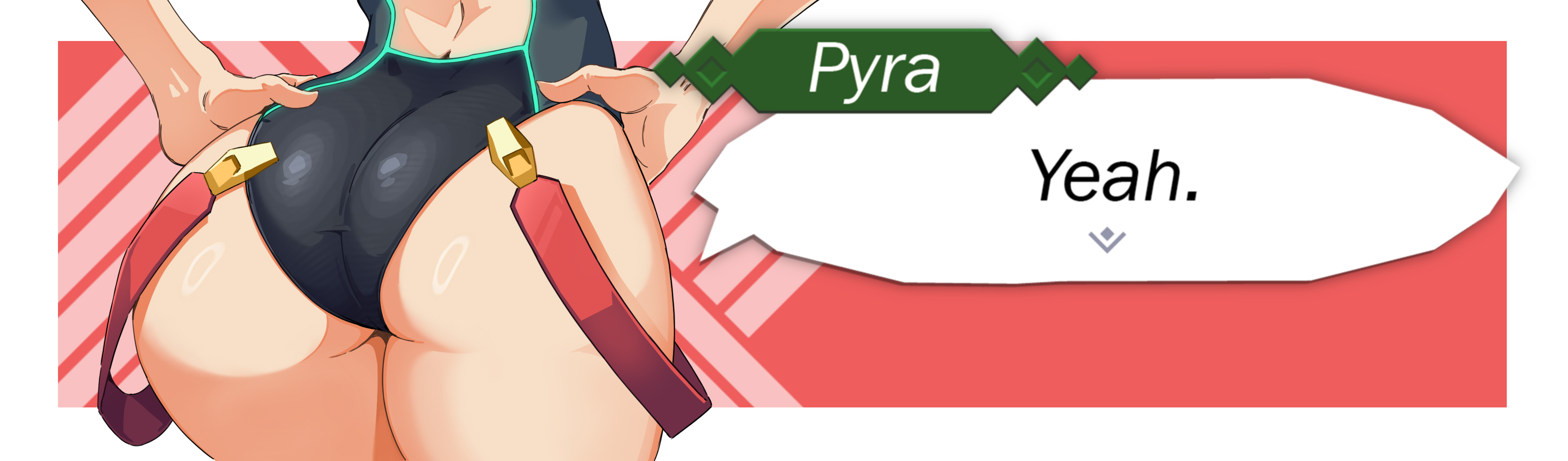1girl absurdres ass ass_focus competition_swimsuit english_text from_behind hands_on_own_hips highres huge_ass i_am_anddo miiverse_yeah!_(meme) neon_trim one-piece_swimsuit pyra_(pro_swimmer)_(xenoblade) pyra_(xenoblade) solo speech_bubble strap swimsuit wide_hips xenoblade_chronicles_(series) xenoblade_chronicles_2