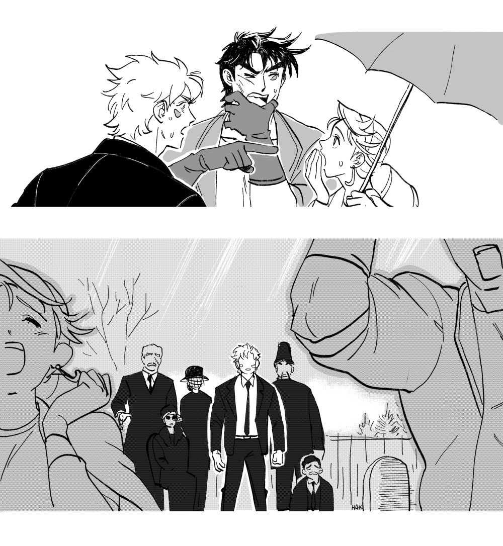 alternate_universe caesar_anthonio_zeppeli comic erina_pendleton gloves graveyard greyscale hakmonss jojo_no_kimyou_na_bouken joseph_joestar joseph_joestar_(young) lisa_lisa messina_(jojo) monochrome robert_e._o._speedwagon smokey_brown suzi_q sweat tombstone umbrella veil
