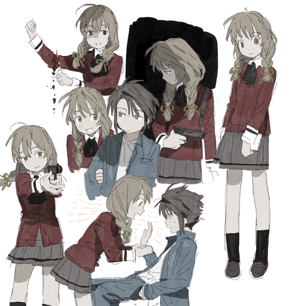 1boy 1girl aiming aiming_at_viewer ascot black_ascot black_socks blood blue_jacket blue_pants braid brown_hair brown_skirt character_request copyright_request cutting gun hair_ribbon holding holding_another&#039;s_wrist holding_gun holding_weapon jacket loafers long_sleeves low_twin_braids ma_fu pants pleated_skirt red_jacket ribbon shirt shoes skirt smile socks twin_braids weapon white_background white_shirt yellow_ribbon