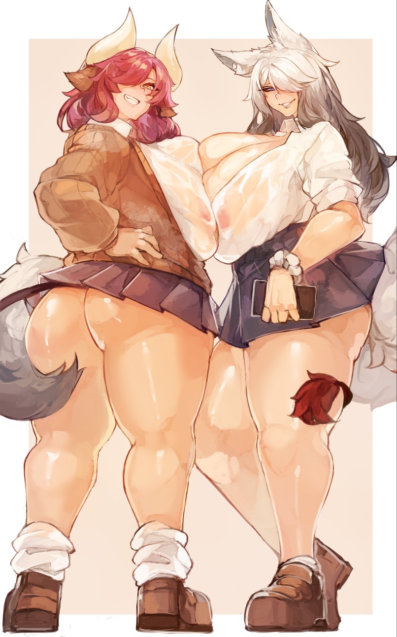 2girls animal_ear_fluff animal_ears areolae_visible_through_clothing ass blue_eyes breast_press breasts cardigan cellphone cleavage commission from_behind grey_hair gyaru hair_over_one_eye hand_on_own_hip highres holding holding_phone horns huge_breasts larribee long_hair looking_back loose_socks medium_hair multiple_girls narrowed_eyes no_panties one_eye_covered open_cardigan open_clothes original partially_unbuttoned phone red_hair scrunchie see-through_clothes see-through_shirt shirt shoes skirt smartphone smile socks standing symmetrical_docking tail tail_around_waist tail_lifting_skirt thick_thighs thighs wet wet_clothes wet_shirt white_shirt wrist_scrunchie wtgn_grim yellow_eyes