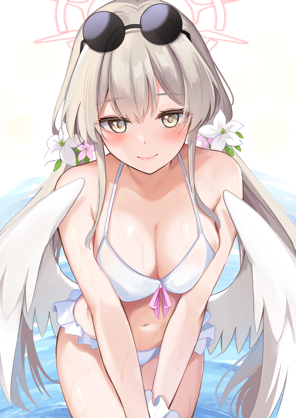 1girl alternate_costume alternate_hairstyle angel_wings bikini blue_archive blush breasts brown_eyes brown_hair cleavage commentary_request eyewear_on_head feathered_wings flower frilled_bikini frills hair_flower hair_ornament halo highres konka large_breasts leaning_forward long_hair looking_at_viewer low_twintails low_wings nagisa_(blue_archive) navel round_eyewear smile solo sunglasses swimsuit twintails v_arms water wet white_bikini white_wings wings