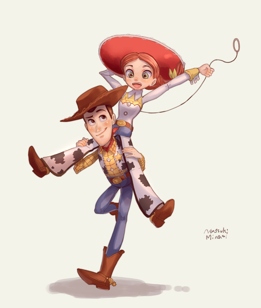 1boy 1girl :d animal_print artist_name bandana bandana_around_neck belt belt_buckle blush boots brown_belt brown_boots brown_eyes brown_hair brown_hat buckle carrying carrying_person chaps closed_mouth commentary cow_print cowboy cowboy_boots cowboy_hat cowgirl_(western) denim full_body green_eyes happy hat holding jeans jessie_the_yodeling_cowgirl long_hair long_sleeves looking_at_another natsuki_nori on_person open_mouth pants print_bandana print_chaps pull_string raised_eyebrow red_bandana red_hat sheriff_woody shirt short_hair shoulder_carry signature simple_background smile spurs standing symbol-only_commentary toy_story vest western white_chaps white_shirt yellow_shirt yoke_(clothing)