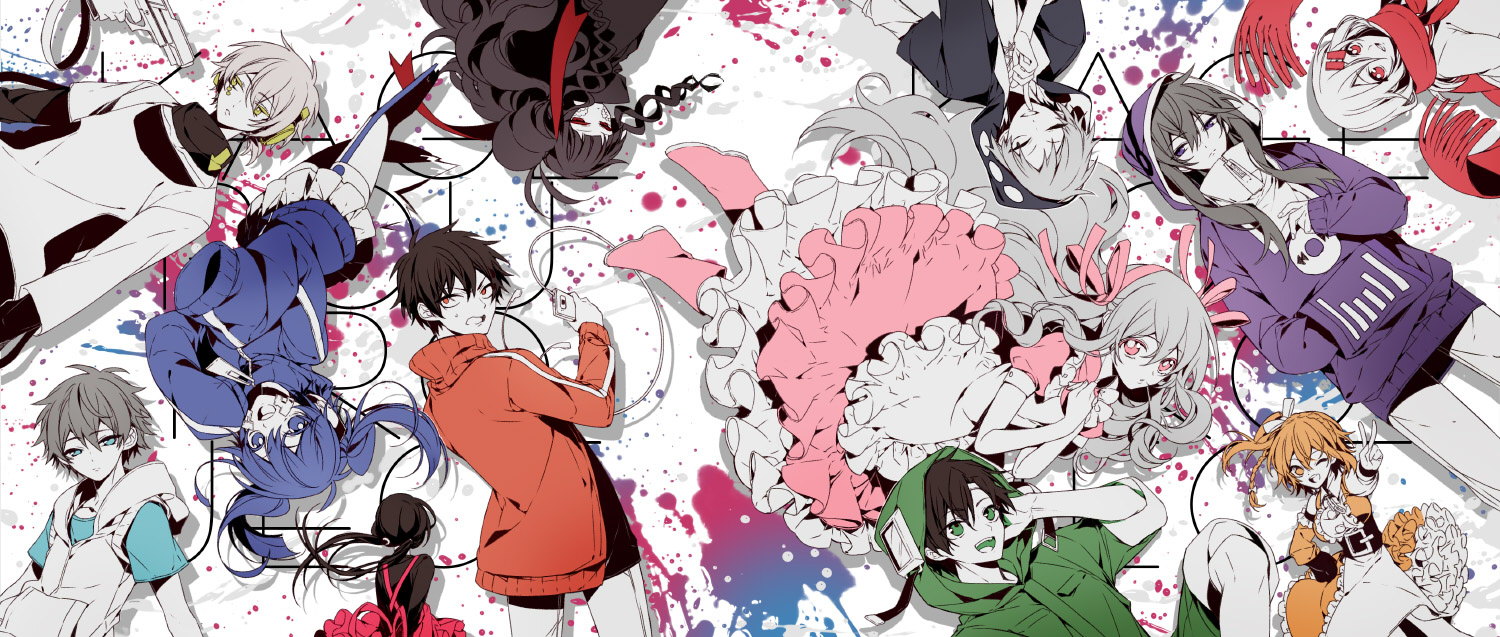 5boys 6+girls amamiya_hibiya asahina_hiyori azami_(kagerou_project) blue_hair blue_jacket dress ene_(kagerou_project) flat_color green_eyes green_jacket greyscale hair_ornament hair_rings hair_spread_out hairclip hood hoodie jacket kagerou_project kano_shuuya kido_tsubomi kisaragi_momo kisaragi_shintarou kokonose_haruka konoha_(kagerou_project) kozakura_marry limited_palette long_hair long_sleeves low_twintails monochrome multicolored_blood multiple_boys multiple_girls oral orange_hair pink_dress pink_eyes purple_hoodie red_eyes red_scarf ribbon sapphire_(nine) scarf seto_kousuke side_ponytail skirt tateyama_ayano twintails very_long_hair vest white_hair white_ribbon white_skirt white_vest