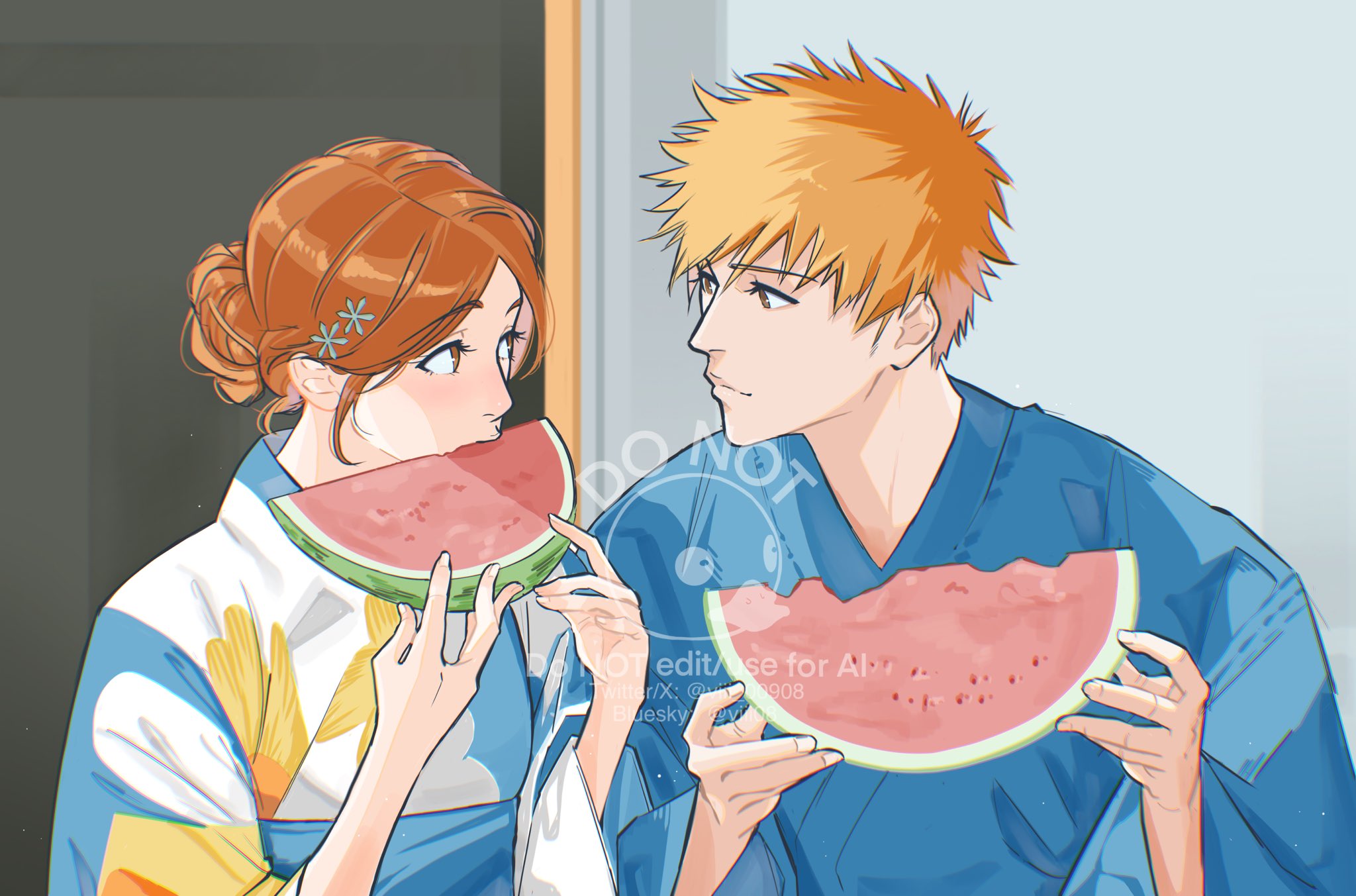 1boy 1girl bleach blue_kimono brown_eyes couple eating eye_contact flower_hairpin food fruit hair_bun highres holding holding_food holding_fruit holding_watermelon inoue_orihime japanese_clothes kimono kurosaki_ichigo long_hair long_sleeves looking_at_another orange_hair spiked_hair upper_body viii_00908 watermark watermelon yukata