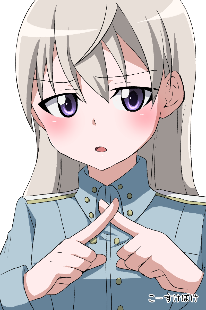 1girl blue_jacket blush breasts close-up closed_mouth crossed_fingers eila_ilmatar_juutilainen eyes_visible_through_hair grey_hair hair_between_eyes highres jacket kousuke_(ko_suke) long_hair long_sleeves looking_at_viewer medium_breasts military military_uniform open_mouth purple_eyes romaji_text simple_background solo strike_witches upper_body white_background white_hair world_witches_series x_fingers