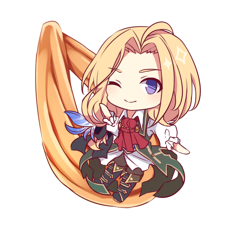 1boy ascot black_boots blonde_hair boots chibi chibi_only closed_mouth dame_x_prince donut food full_body green_jacket jacket looking_at_viewer male_focus nanahi_tsubaki no_nose one_eye_closed puffy_sleeves purple_eyes red_ascot shirt simple_background sleeveless sleeveless_jacket solo vino_von_lomzard white_background white_shirt