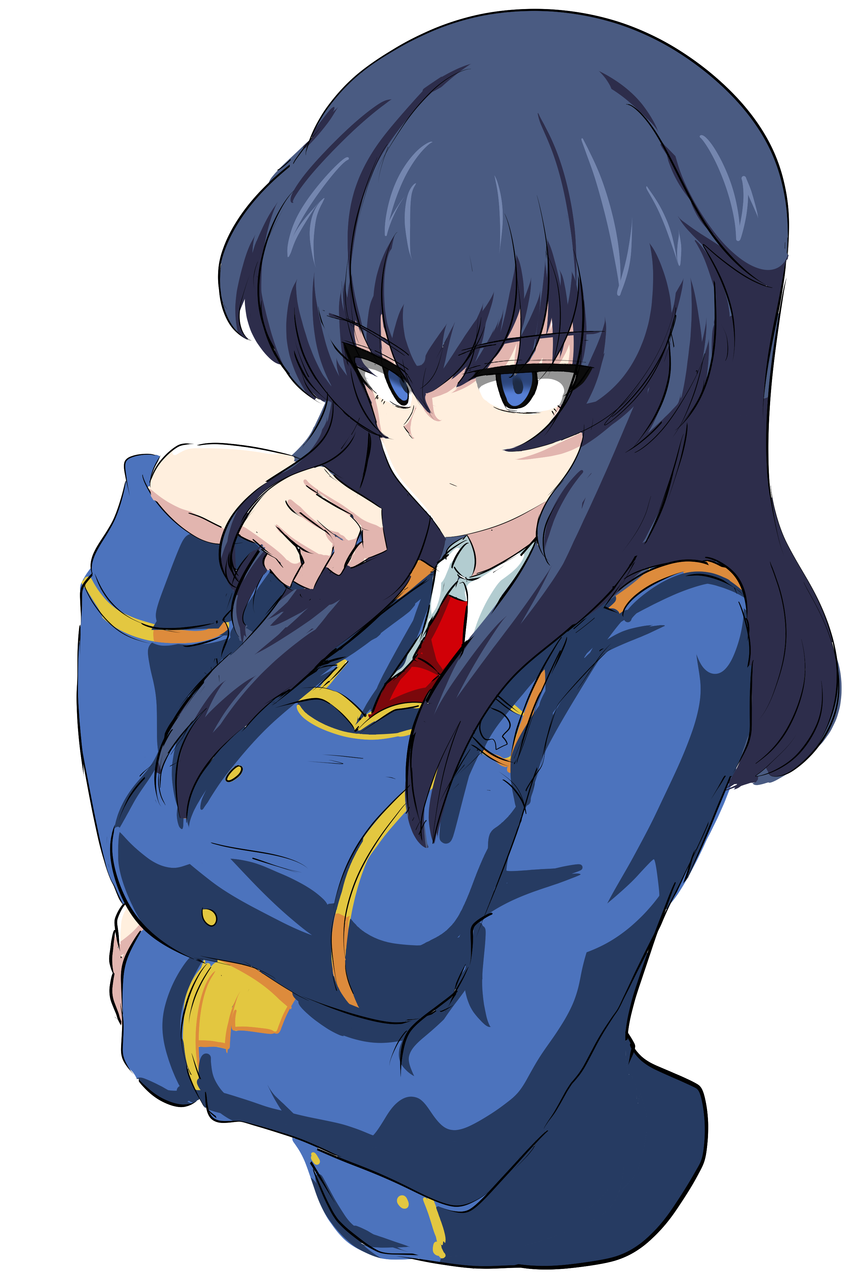 1girl absurdres aikir_(jml5160) arm_under_breasts arm_up blue_eyes blue_hair blue_jacket breasts eclair_(girls_und_panzer) frown girls_und_panzer girls_und_panzer_gekitou!_maginot-sen_desu!! highres jacket large_breasts long_hair maginot_military_uniform necktie red_necktie shirt white_shirt