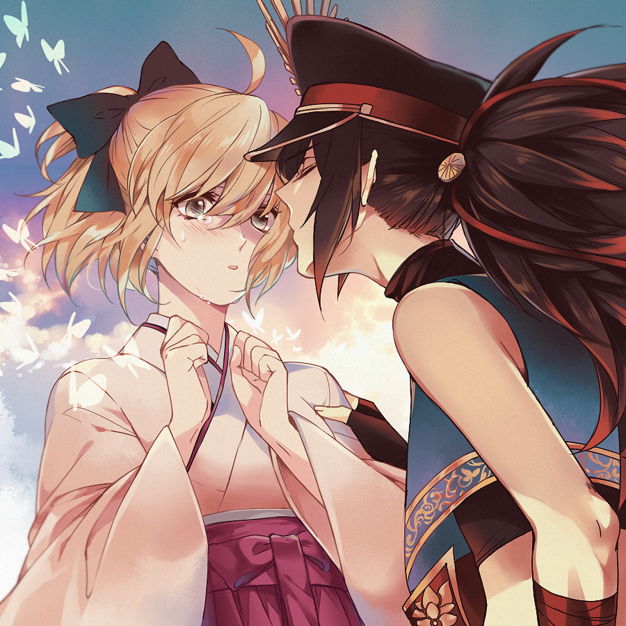 2girls black_hair blonde_hair blush bow bug butterfly closed_eyes fate/grand_order fate_(series) fiery_hair fingerless_gloves gloves hair_between_eyes hair_bow hat imminent_kiss insect japanese_clothes kimono leila_(yurisouls) long_hair multiple_girls oda_kippoushi_(fate) oda_nobunaga_(fate) oda_nobunaga_(koha-ace) okita_souji_(fate) okita_souji_(koha-ace) open_mouth peaked_cap white_kimono yuri