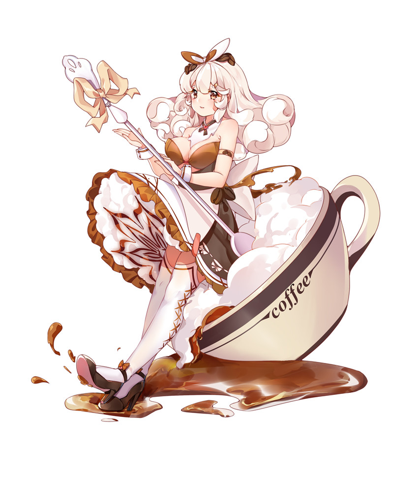 1girl armlet bare_shoulders black_footwear bow breasts brown_bow brown_dress brown_eyes chinese_commentary cleavage closed_mouth coffee coffee_mug commentary_request cuisine_dimension cup curly_hair dress floral_print footwear_bow frilled_skirt frills full_body hair_bow high_heels holding holding_polearm holding_weapon jewelry large_breasts leaning_on_object light_smile long_hair looking_at_viewer mug natie_(latte) original polearm ribbon-trimmed_legwear ribbon_trim simple_background skirt sleeveless sleeveless_dress solo spilling splashing strapless strapless_dress tachi-e thighhighs weapon whipped_cream white_background white_hair white_thighhighs wrist_cuffs yellow_bow