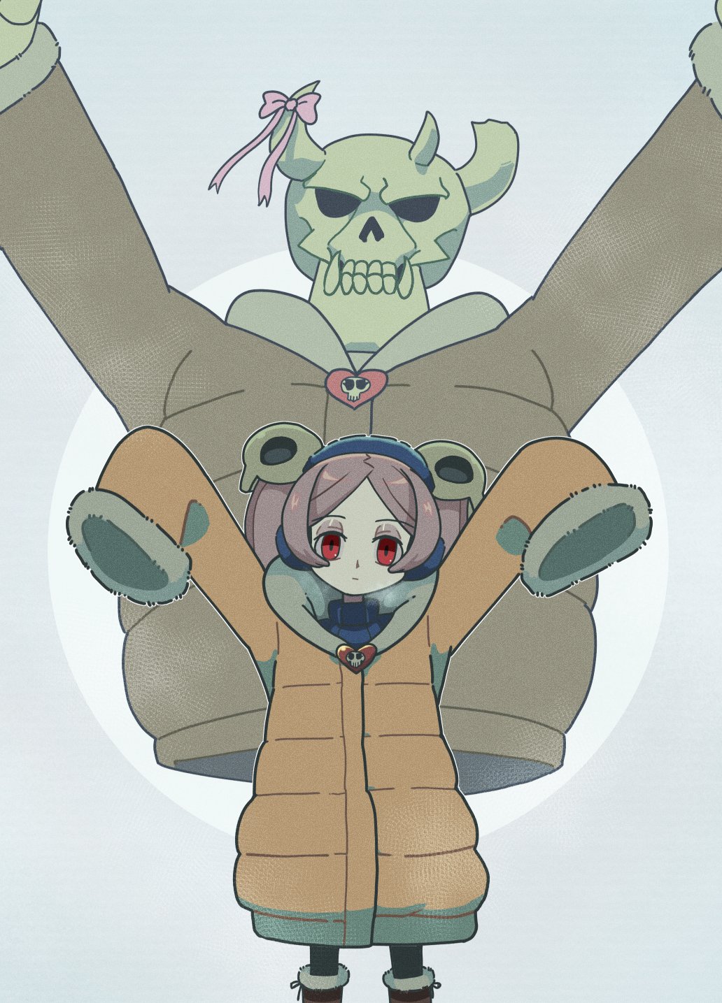 1girl alternate_costume arms_up bloody_marie_(skullgirls) boots breath coat earmuffs expressionless facing_viewer grey_background grey_hair hair_ornament highres hilgard_(skullgirls) jacket kuroirozuki long_sleeves red_eyes skeleton skull_hair_ornament skullgirls sweater turtleneck turtleneck_sweater twintails winter_clothes