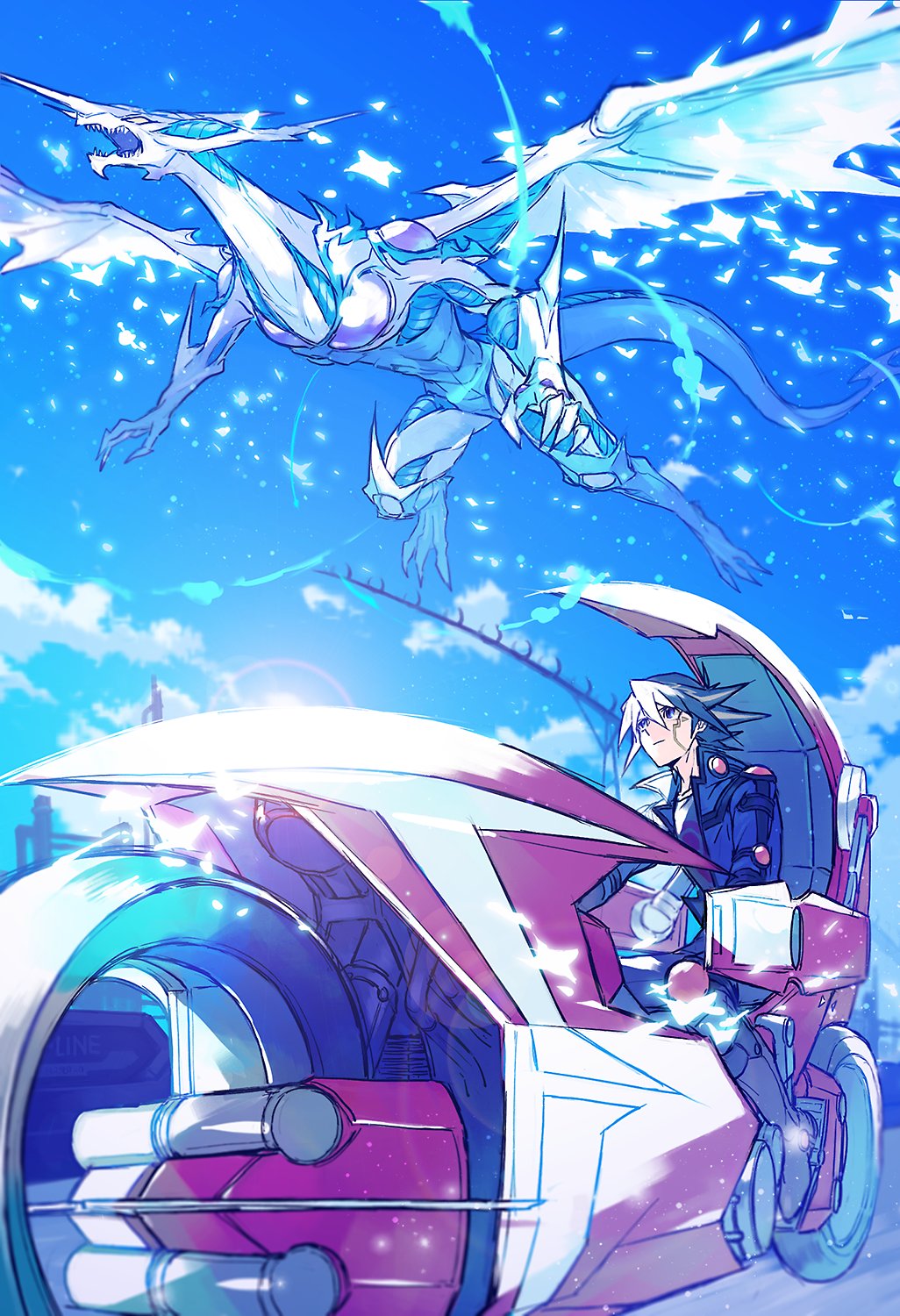 1boy black_hair blonde_hair blue_eyes blue_sky boots d-wheel dragon driving duel_monster ebira facial_tattoo fudo_yusei highres jacket lens_flare male_focus motor_vehicle motorcycle multicolored_hair open_clothes open_jacket pants sky spiked_hair stardust_dragon streaked_hair tattoo two-tone_hair yu-gi-oh! yu-gi-oh!_5d&#039;s