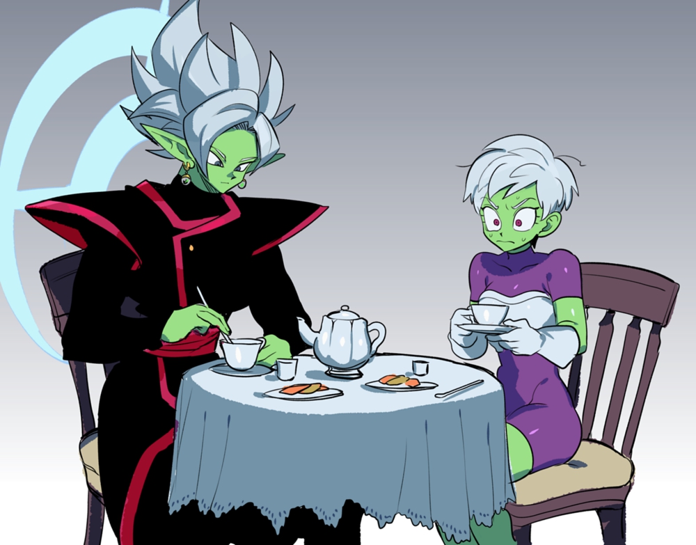 1boy 1girl blue_eyes bodysuit chair cheelai closed_mouth colored_skin cup dragon_ball dragon_ball_super earrings fused_zamasu gradient_background green_skin holding holding_saucer jewelry long_sleeves nanika_(nnkgh) pointy_ears potara_earrings purple_bodysuit red_eyes saucer short_hair short_sleeves simple_background sitting sweat table teapot white_hair