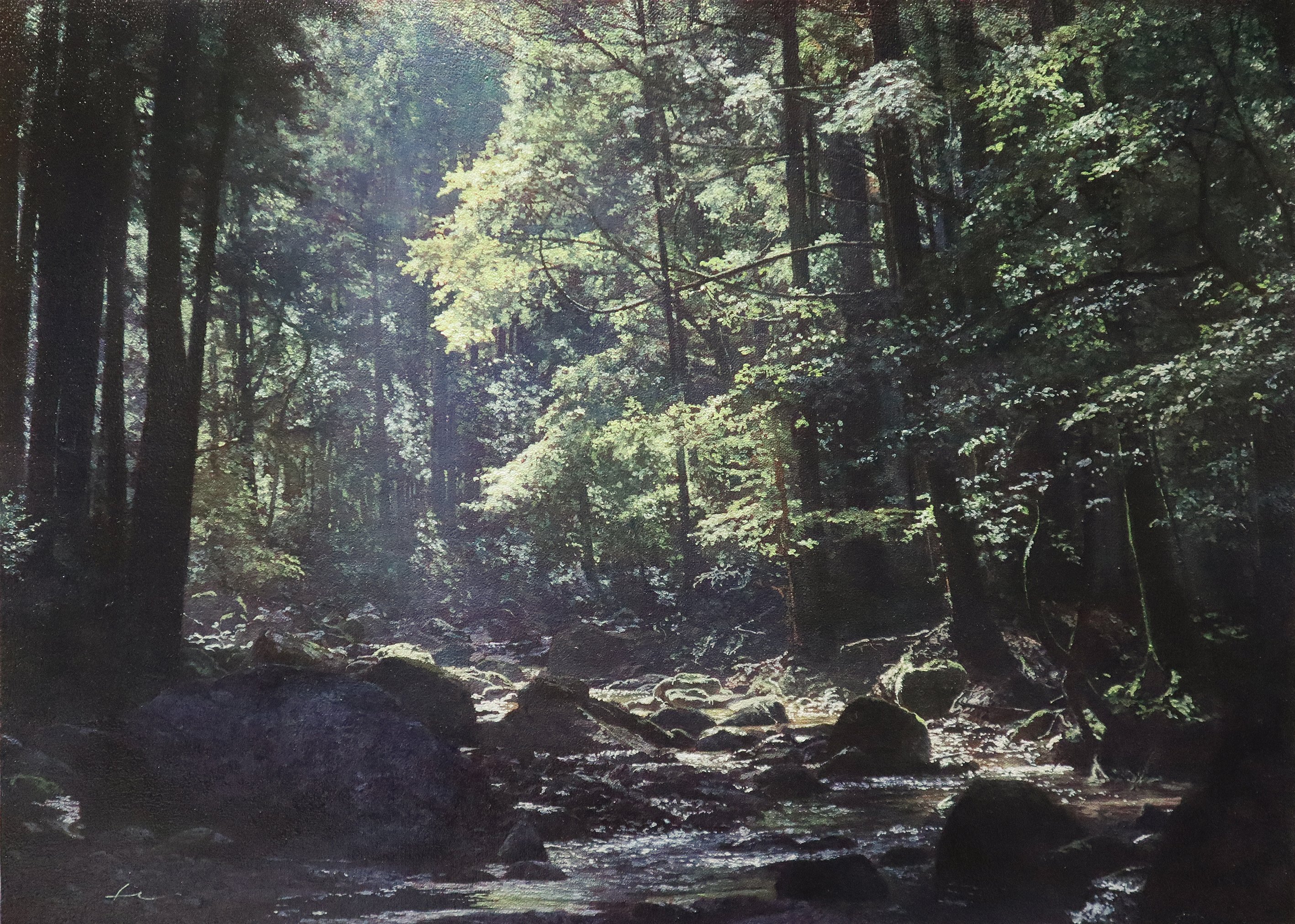 bush day forest grass highres hill morning naohiro_ito nature no_humans original painting_(medium) scenery shadow stream sunlight traditional_media tree_shade water