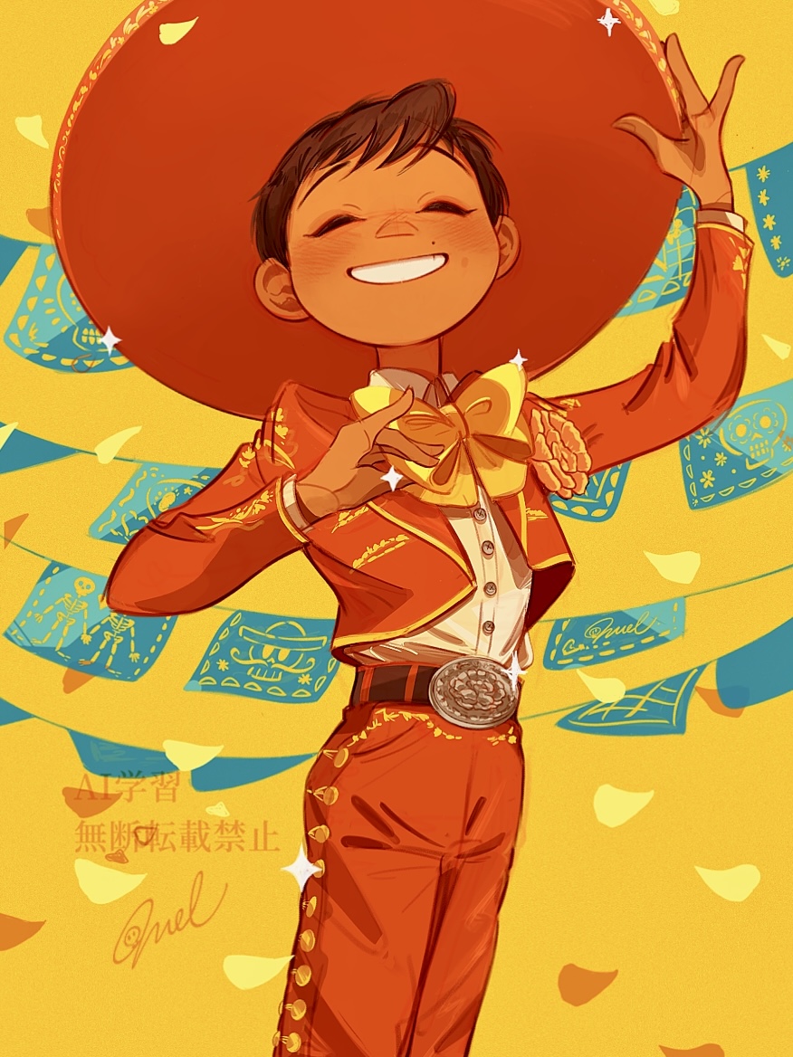 1boy brown_hair closed_eyes coco_(disney) dark-skinned_male dark_skin grin hat jacket melchencanto mexican_clothes miguel_rivera open_clothes open_jacket pants red_hat red_jacket red_pants shirt short_hair smile solo white_shirt