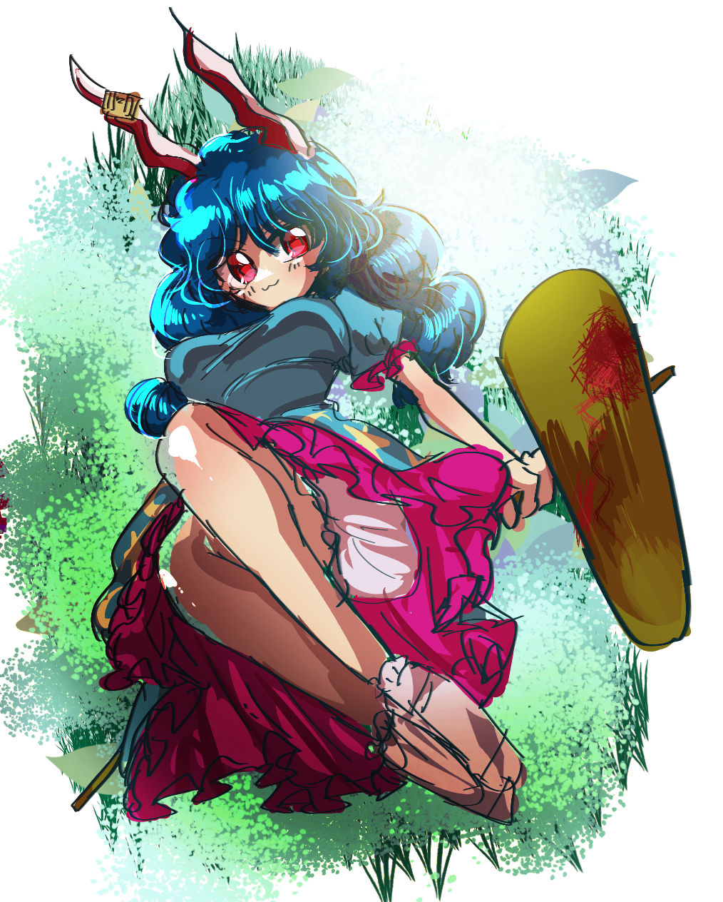 1girl :3 ambiguous_red_liquid animal_ears bloomers blue_dress blue_hair breasts closed_mouth commentary_request dress earclip full_body grass highres holding holding_mallet jumping kine long_hair looking_at_viewer mallet medium_breasts rabbit_ears rabbit_girl red_eyes seiran_(touhou) shippuu_jinnari shoes smile solo touhou underwear white_bloomers white_shoes