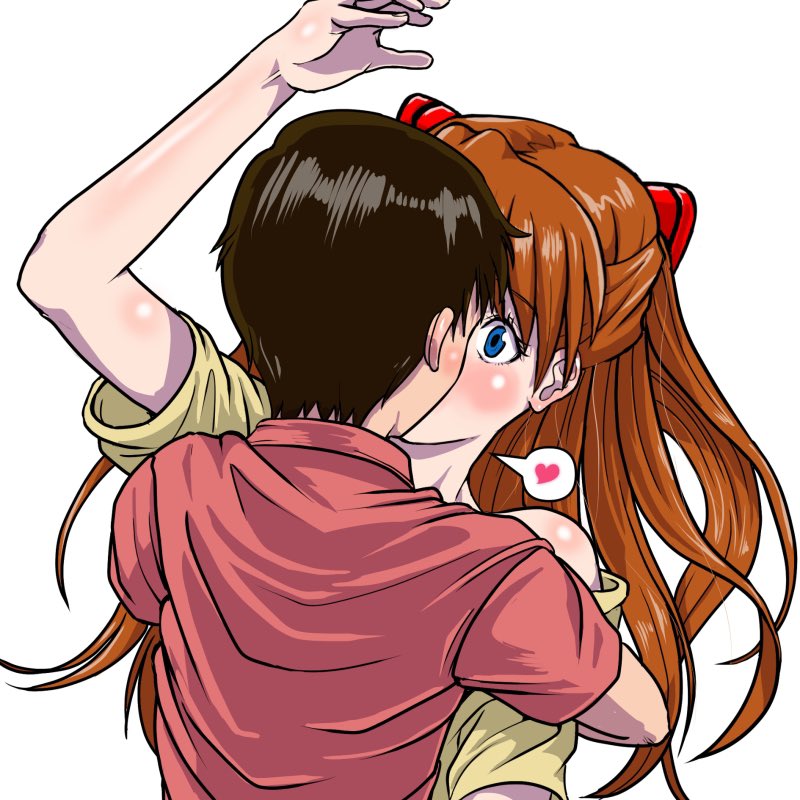 1boy 1girl bare_shoulders black_hair blue_eyes brown_hair casual_one-piece_swimsuit heart hetero hug ikari_shinji kazumina kiss long_hair neon_genesis_evangelion one-piece_swimsuit shiny_skin shirt short_hair simple_background souryuu_asuka_langley spoken_heart surprised swimsuit tsundere white_background yellow_shirt