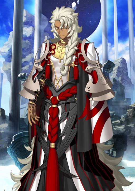 1boy arm_tattoo armor arms_at_sides ars_almadel_salomonis_(fate) ars_paulina_(fate) bangle black_nails bracelet braid closed_mouth dark-skinned_male dark_skin fate/grand_order fate_(series) feet_out_of_frame fingernails gold_choker hair_over_one_eye jewelry light_smile long_hair looking_at_viewer male_focus official_art robe rope shoulder_armor solo solomon_(fate) solomon_(singularity)_(fate/grand_order) spoilers standing takeuchi_takashi tattoo third-party_source variant_set very_long_hair white_hair white_robe