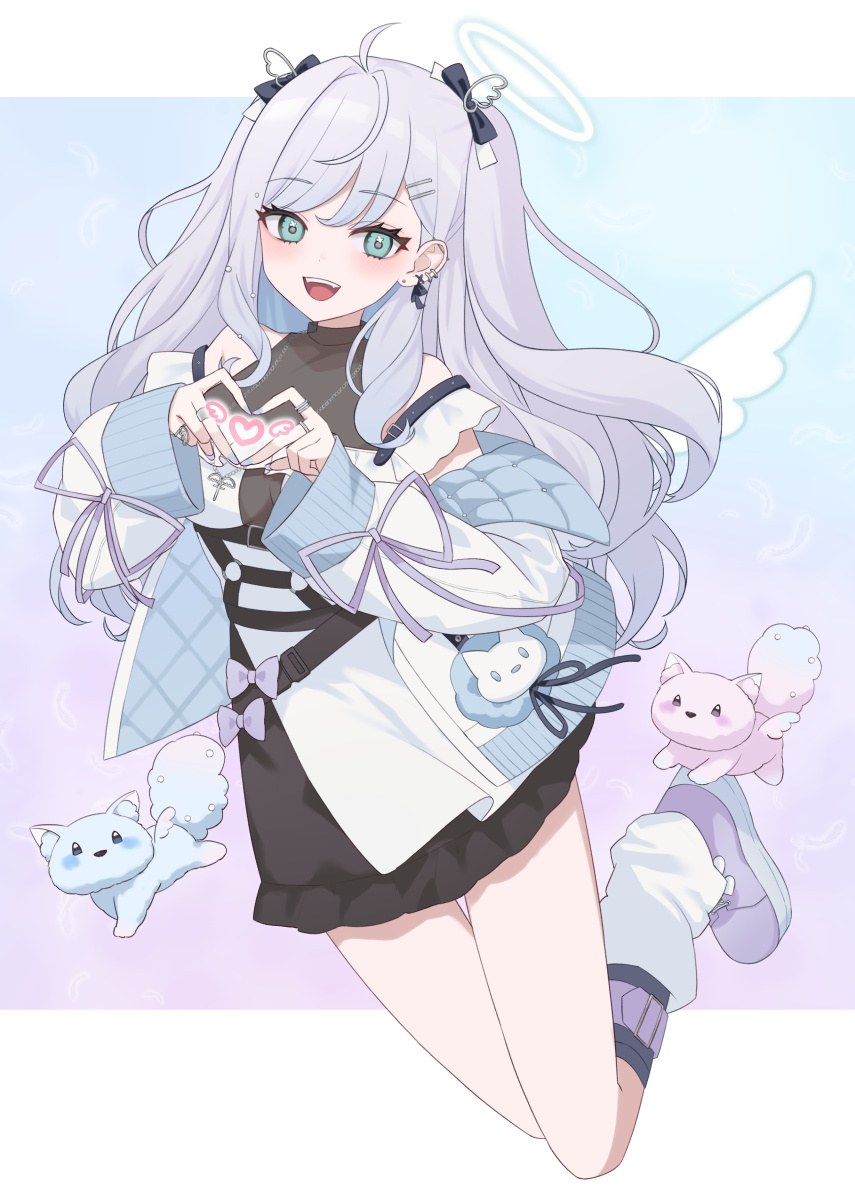 1girl parallel_hairclips ahoge animal aqua_eyes black_bow black_dress blue_nails bow breasts character_request commentary_request commission creature cross cross_necklace dress ear_piercing full_body furutori gradient_background hair_bow hair_ornament hairclip heart heart_hands indie_virtual_youtuber jacket jewelry jumping leg_warmers long_hair looking_at_viewer medium_breasts necklace open_clothes open_jacket open_mouth partial_commentary piercing purple_shoes ring shoes simple_background skeb_commission smile sneakers solo teeth two-tone_background two_side_up upper_teeth_only very_long_hair virtual_youtuber white_hair white_jacket white_leg_warmers