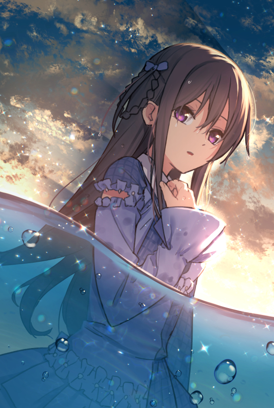 1girl 22/7 bow braid braided_hair_rings brown_hair cloud cloudy_sky collared_dress detached_sleeves dress dutch_angle expressionless frilled_dress frills hair_between_eyes hair_bow hair_rings long_hair long_sleeves looking_at_viewer muzui nagareboshi parted_lips partially_submerged plaid_clothes plaid_dress pleated_dress puffy_sleeves purple_bow purple_dress purple_eyes sidelocks sky solo standing tachikawa_ayaka very_long_hair water wet wet_hair