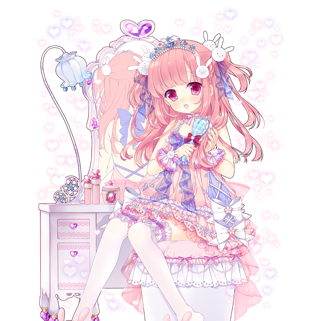 1boy animal_slippers brushing_hair bunny_slippers crossdressing crossdressing_(mtf) desk dress frilled_thighhighs frills hair_ornament hair_ribbon heart heart_background jerry_lemon lamp long_hair male_focus mirror moriyama_shijimi pink_dress pink_eyes pink_hair rabbit_hair_ornament ribbon short_dress simple_background sitting slippers solo thighhighs trap uchi_no_hime-sama_ga_ichiban_kawaii white_ribbon white_thighhighs