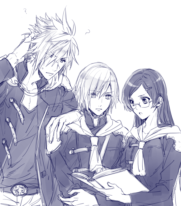 1girl 2boys ? ace_(fft-0) armor belt belt_buckle book breasts buckle cape crossed_arms final_fantasy final_fantasy_type-0 glasses hair_between_eyes hair_ornament hairclip hand_on_another&#039;s_shoulder holding holding_book jacket long_hair long_sleeves medium_breasts monochrome multiple_boys nakagawa_waka nine_(fft-0) open_mouth queen_(fft-0) reading scar scar_on_face scar_on_nose school_uniform scratching_head shirt short_hair shoulder_armor spiked_hair sweatdrop swept_bangs upper_body white_background