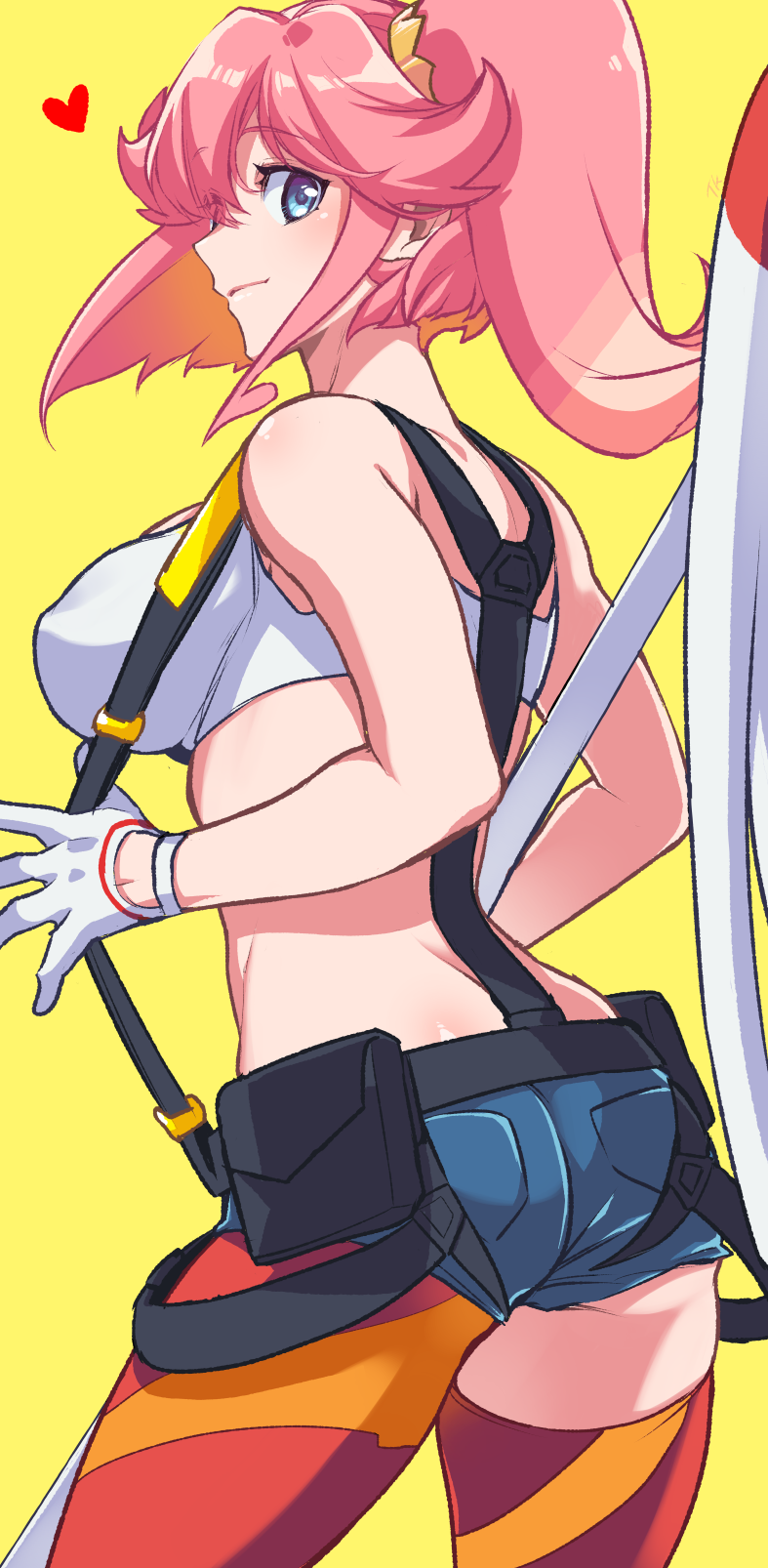 1girl aina_ardebit ass asymmetrical_legwear blue_eyes blue_shorts breasts closed_mouth crop_top from_behind gloves heart highres medium_breasts pink_hair promare short_hair short_shorts shorts simple_background solo suspenders takatsuki_ichi thighs two-tone_legwear white_gloves yellow_background
